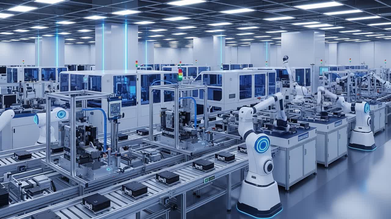 Advanced Automation in Modern Manufacturing: A Cutting-Edge Robotic Assembly Line Demonstrating Precision and Efficiency in a High-Tech Factory Environment