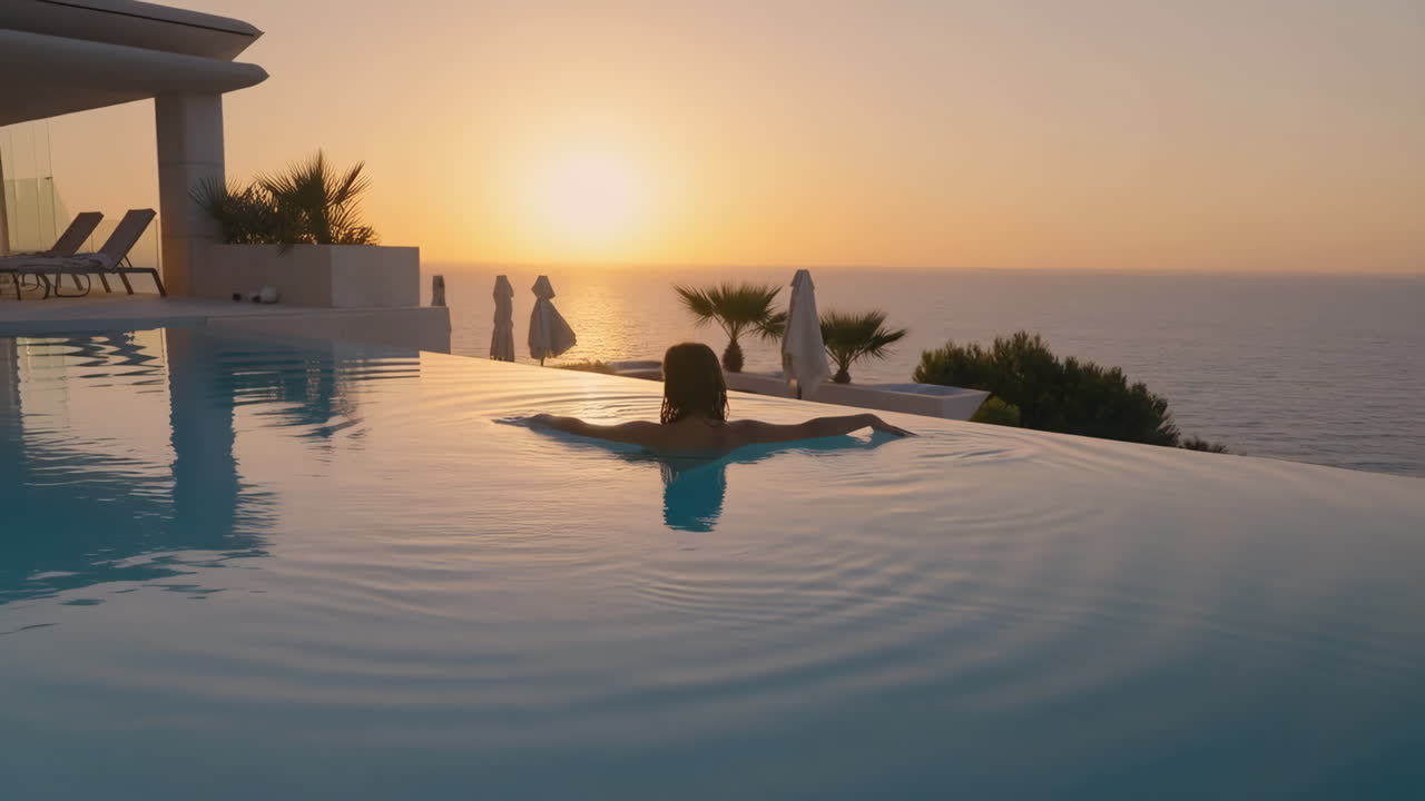 Woman relaxing in an infinity pool at sunset overlooking the ocean