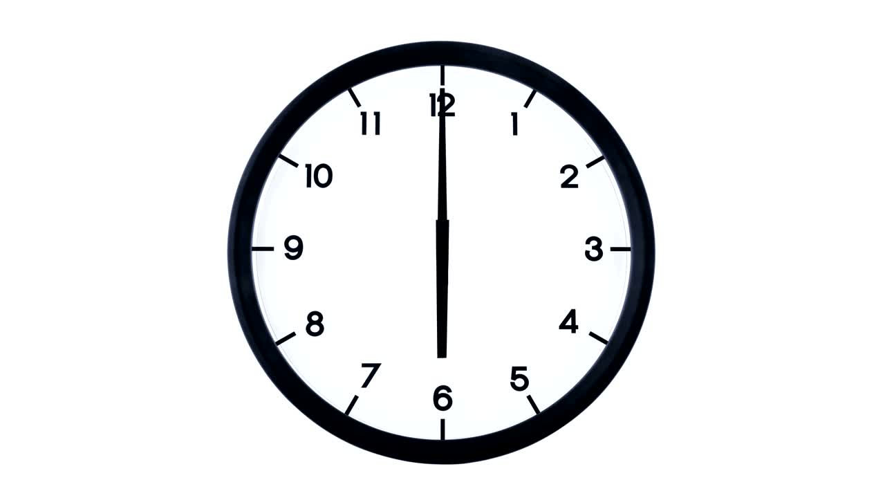 4k timelapse of a classic analog clock moving fast isolated on white background. Time passing twelve hours. Starts ticking at 12 and ends at 12.