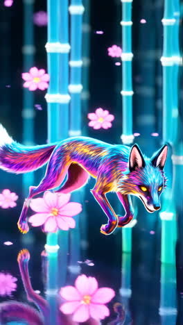 vibrant neon fox in a magical bamboo forest