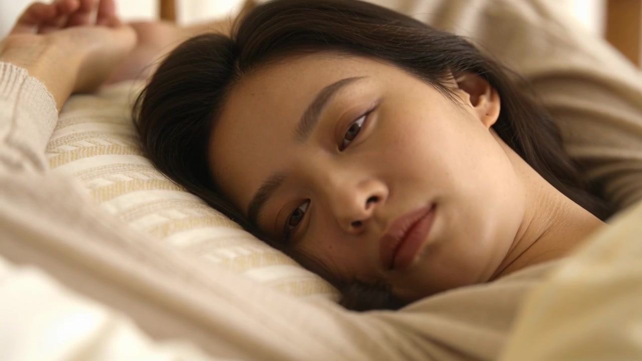 ストライプの枕があるベッドでベージュのトップスを着たアジア人女性が、朝日に目覚めを促されている。