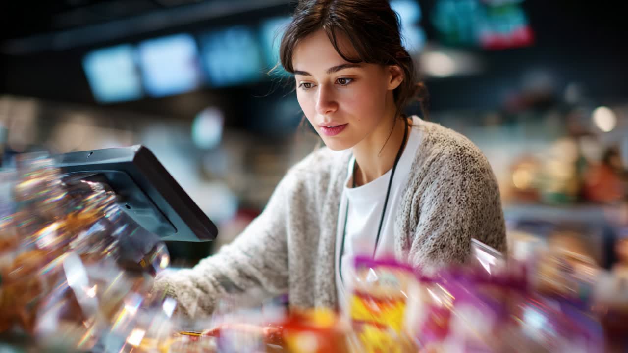 Una cassiera concentrata che gestisce efficientemente le transazioni in un moderno ambiente di vendita al dettaglio, dimostrando la fusione tra tecnologia e interazione personale in un negozio affollato, dedicato a un servizio clienti eccezionale.