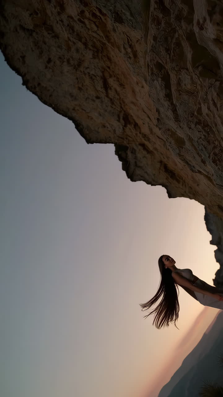 Woman with flowing hair on a cliff against a sunset sky
