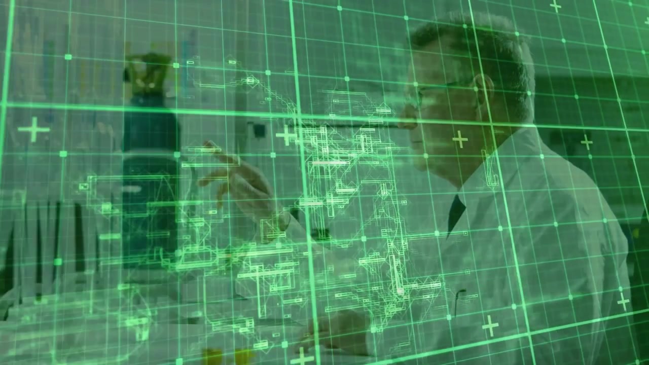 Senior male scientist in tech lab raising hand tapping hologram grid while highlighting schematic