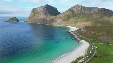 lofoten islands vik and haukland beach at summer in norway - aerial 4k