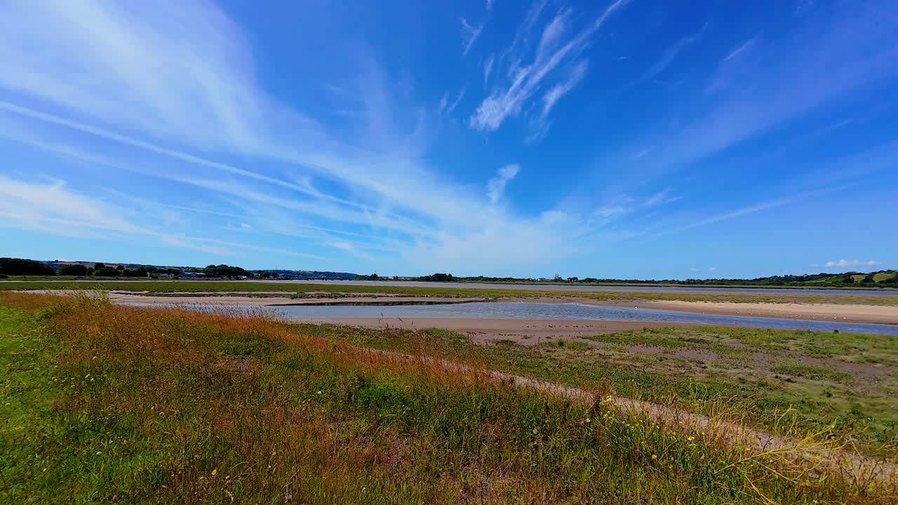 Slow Rising Landscape View of Loughor Estuary in South Wales with Long Grass and Sandbanks with Bright Blue Sky on Hot Summer Day. Vibrant Nature Footage
