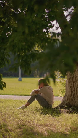 lady sits thoughtfully on grassy ground with hand resting over her leg, under shaded tree surrounded by greenery, sunlight filters through leaves, pathway and lush landscape in background