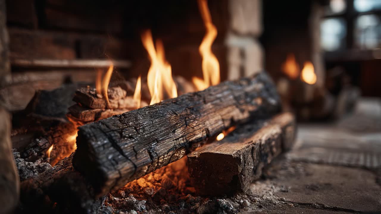A Cozy Fireplace with Flames Dancing Around Charred Logs, Creating a Warm and Inviting Ambiance Perfect for Relaxation and Gatherings