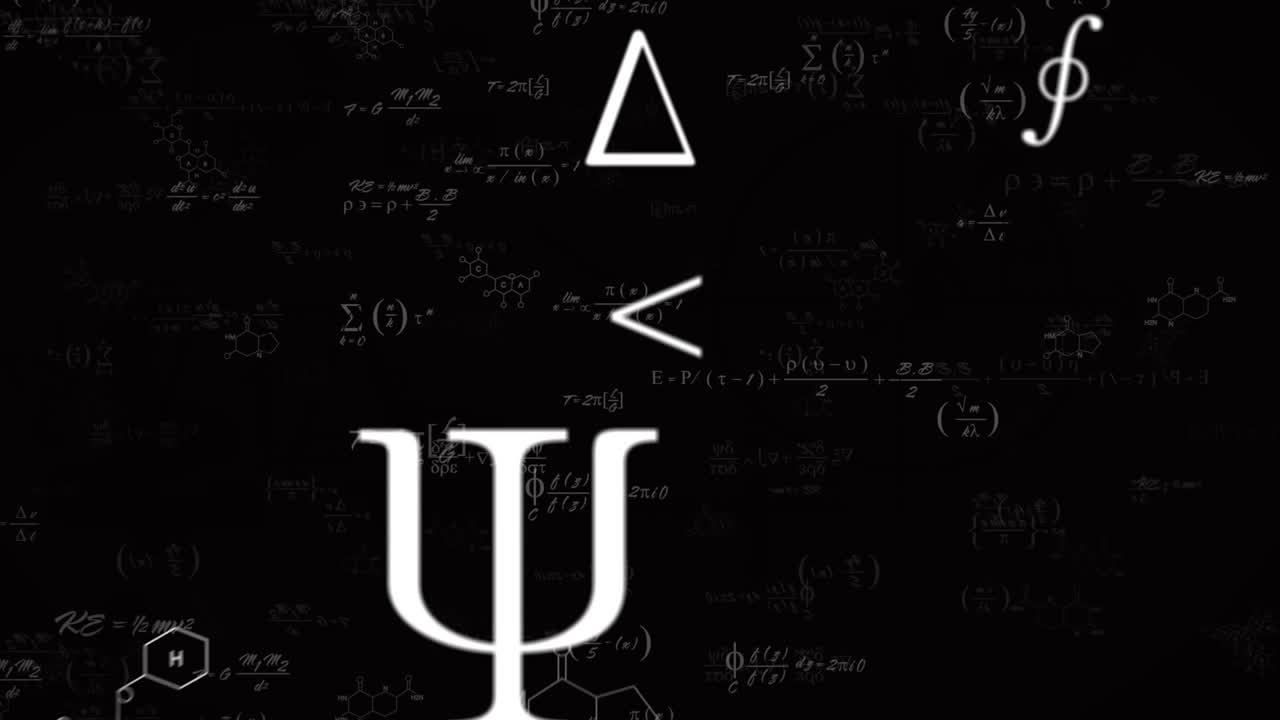 animación de ecuaciones matemáticas y símbolos flotando sobre la red de cuadrícula contra un fondo negro