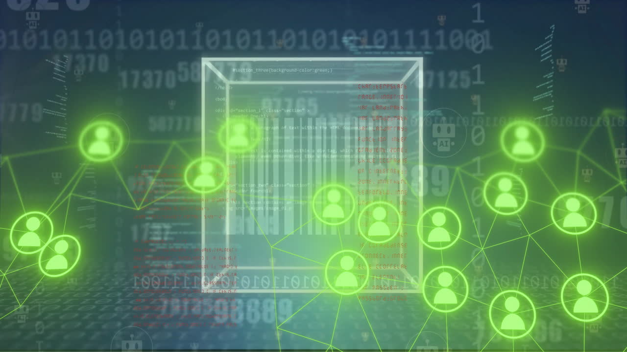 зеленые значки пользователей, соединенные линиями через цифровые данные и анимацию куба