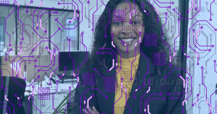 Circuit-pattern overlay animating tech zooming woman crossing arms and smiling with confidence