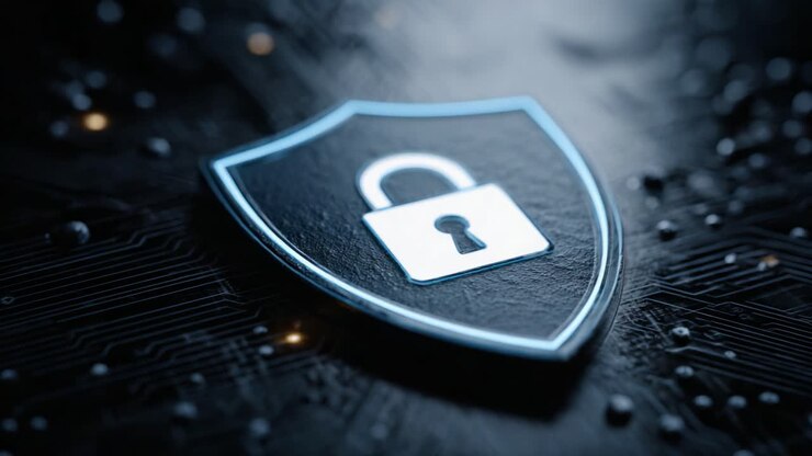 Un'illustrazione digitale di uno scudo di sicurezza che simboleggia la cybersecurity, con un lucchetto in evidenza, che rappresenta la protezione dalle minacce digitali e dalle violazioni di dati