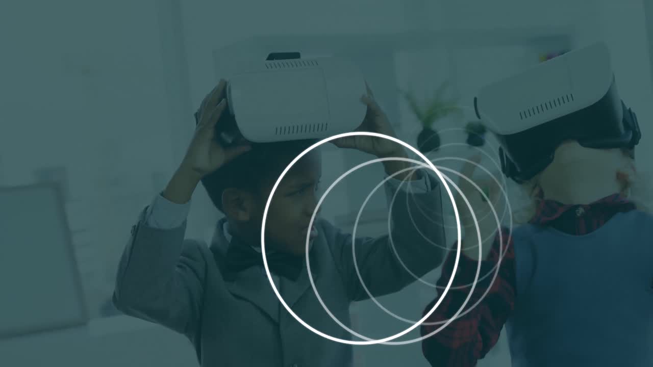 animación de visores escaneando sobre niños que llevan auriculares vr