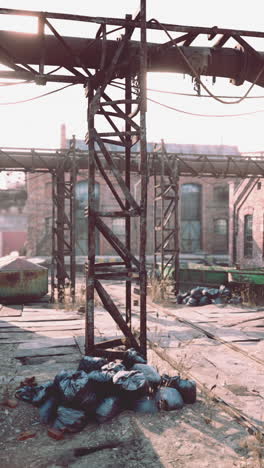 abandoned factory yard with rusty pipes and metal structures