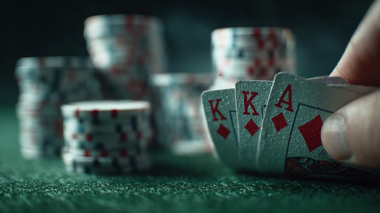 A Close-Up on a High-Stakes Poker Game: The Thrilling Moment a Player Holds a Winning Hand with Two Kings, Set Against a Backdrop of Stacked Chips