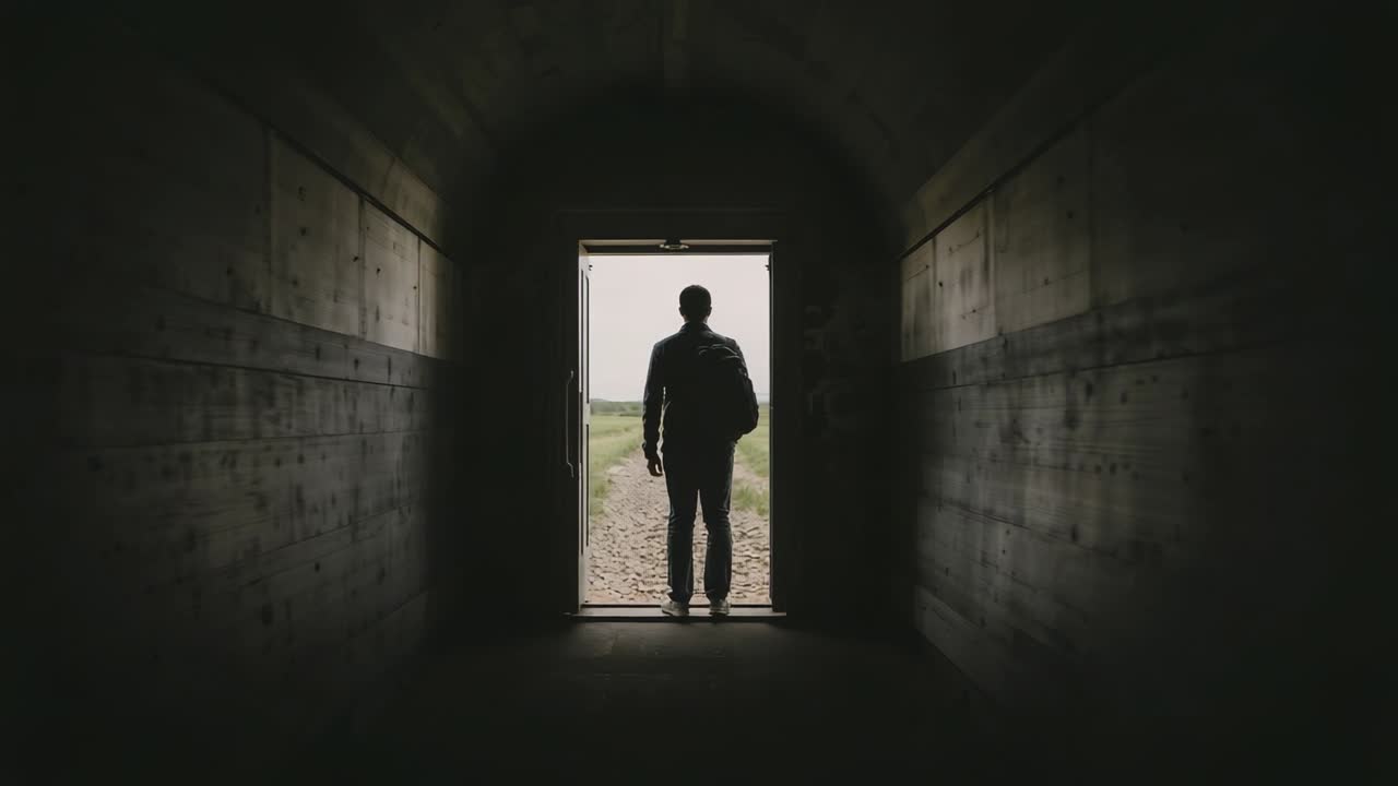 Viaggiatore maschio che esce da una porta luminosa, proveniente da un passaggio in cemento, con zaino visibile