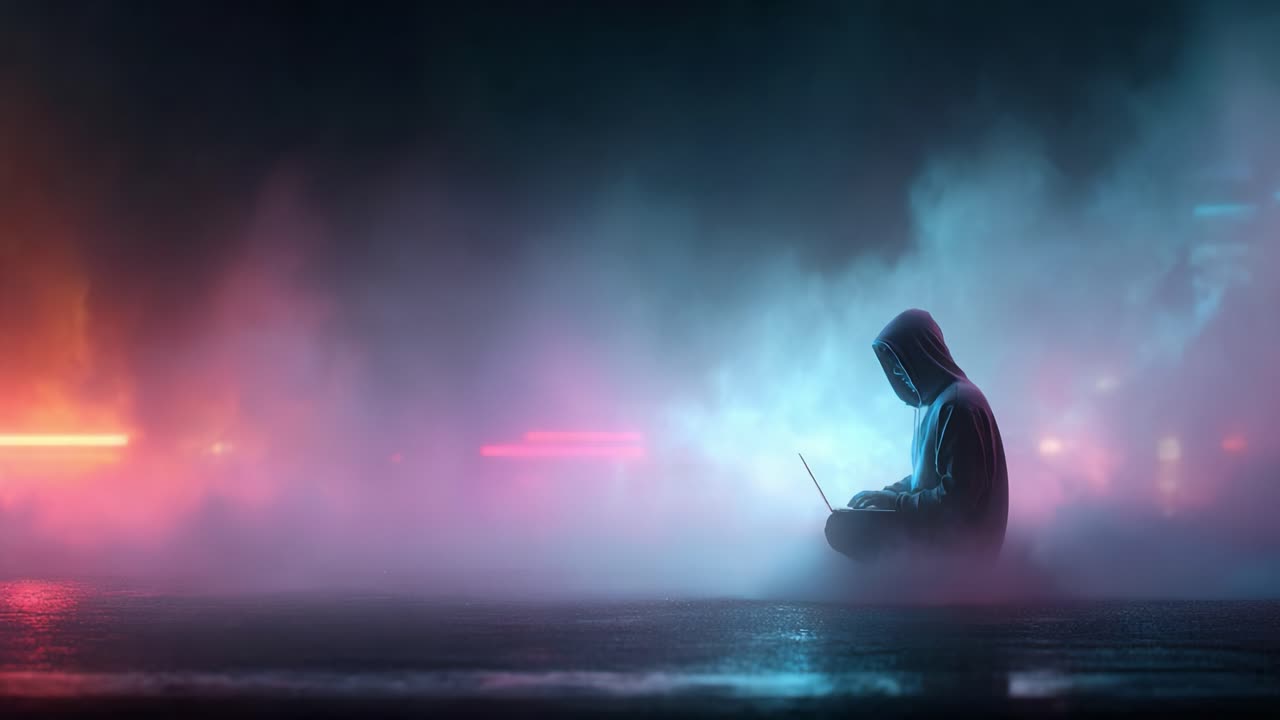 A solitary figure immersed in a digital realm, with a glowing laptop amidst a vibrant haze, blending technology and mystery in an enigmatic urban setting
