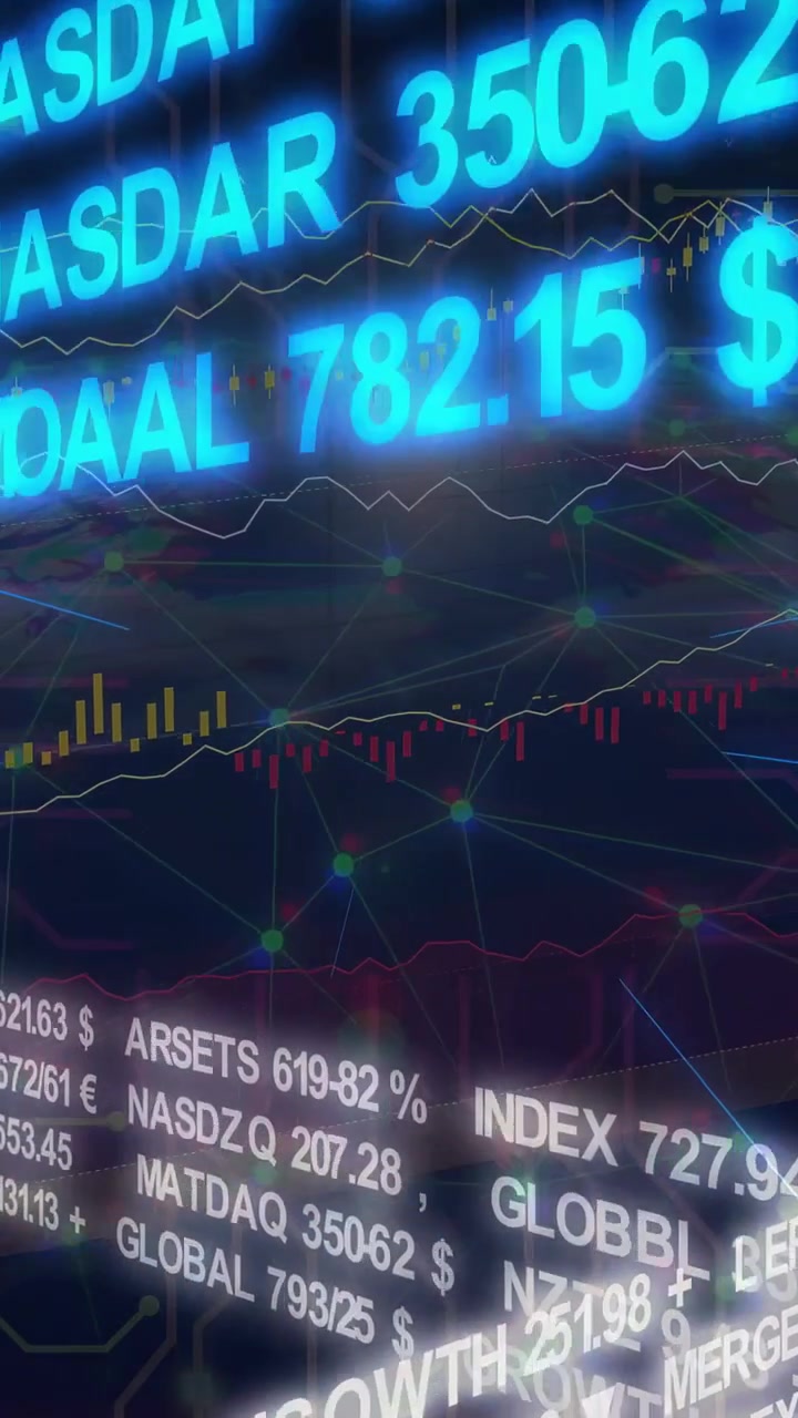 Video verticale: Avvio del feed, HUD di mercato con ticker scorrevoli e grafici animati, che mostrano le tendenze
