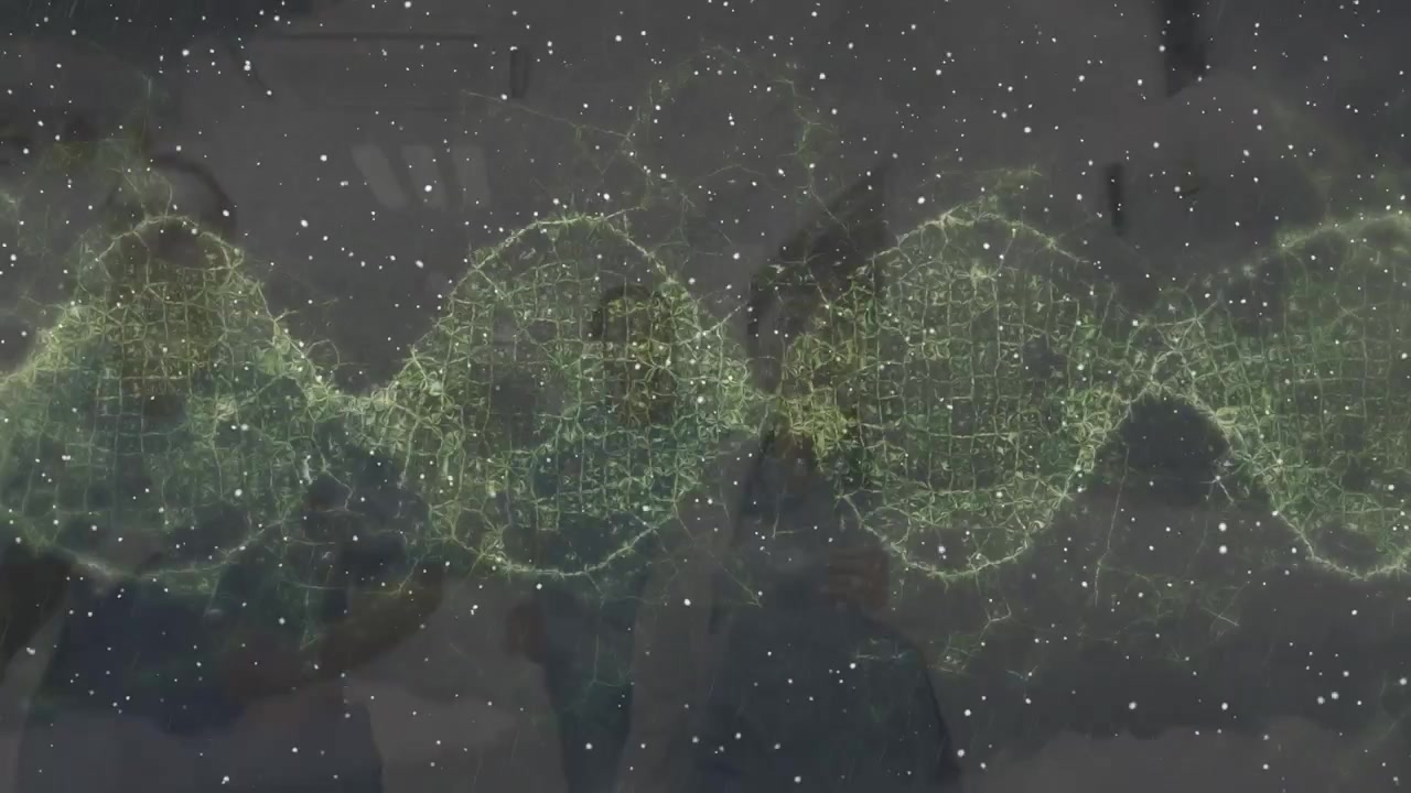 Animation of dna strand and snow falling over diverse doctors