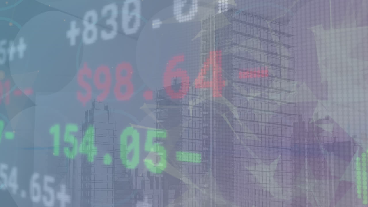 도시 풍경 위의 주식 시장의 애니메이션