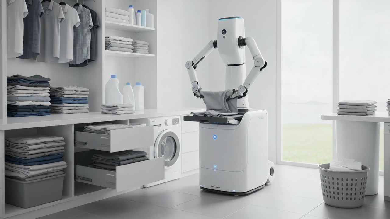 Innovative Home Assistant Robot Efficiently Organizing Laundry Tasks in a Modern Laundry Room with Video Capabilities and Smart Technology Features