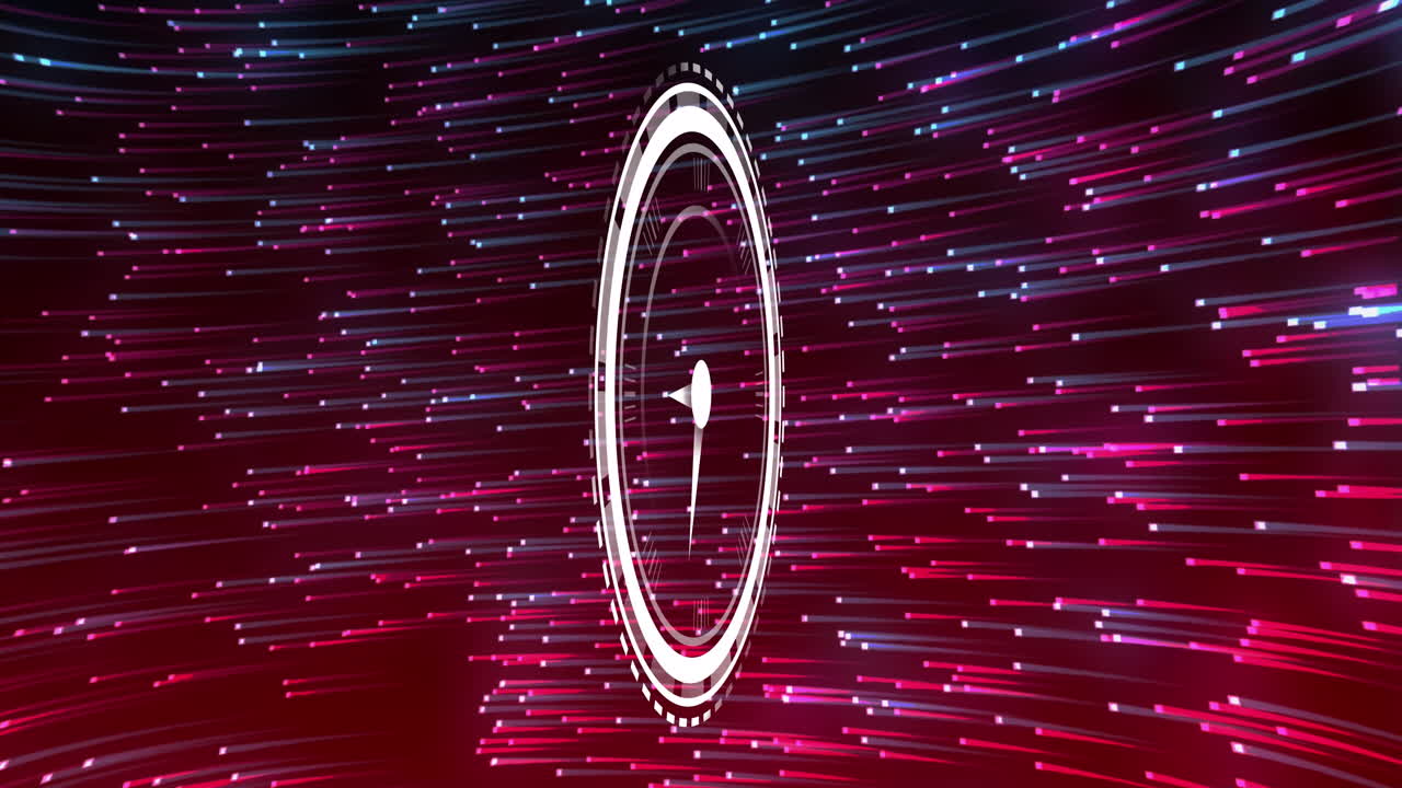 Animation of clock over black background with blue and pink lights