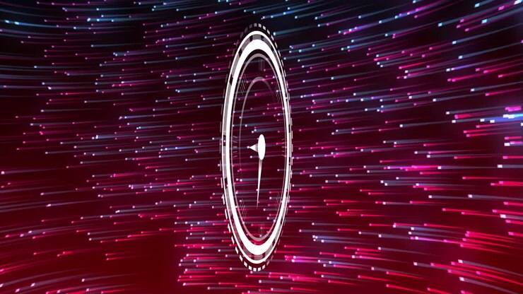 Animation of clock over black background with blue and pink lights