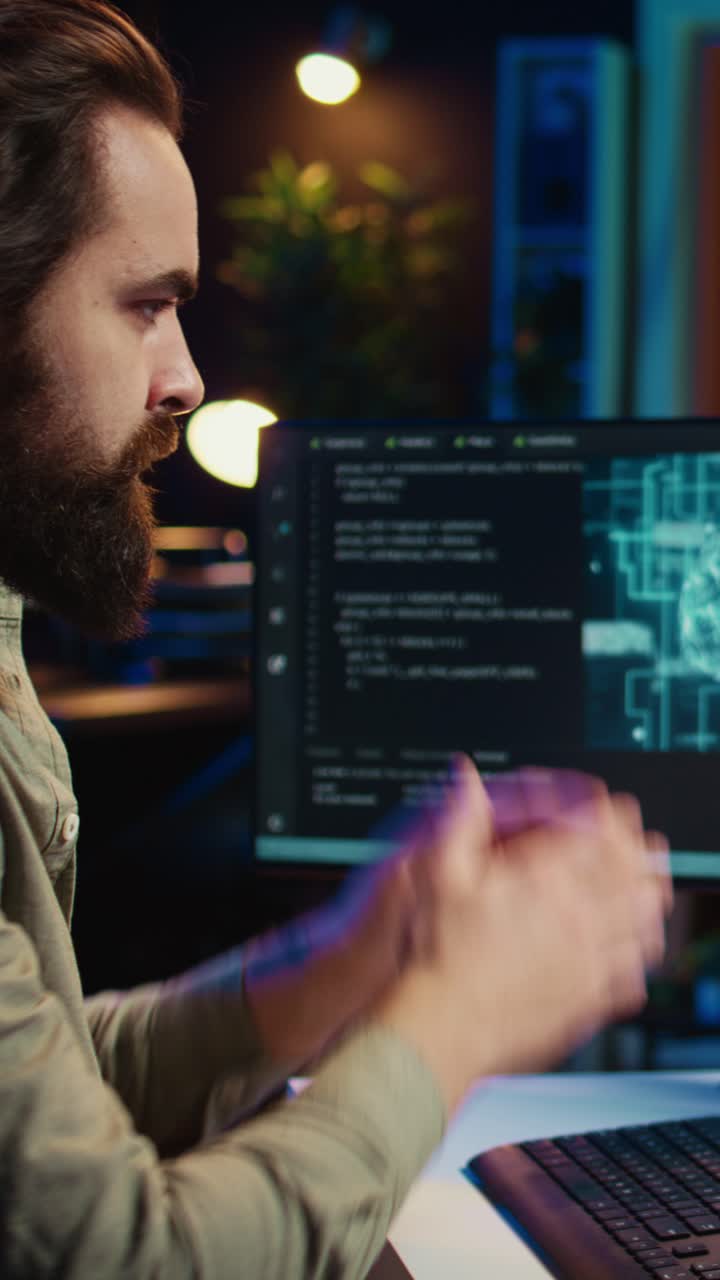Frustrated Programmer Working on Code and AI Brain Graphic at Night