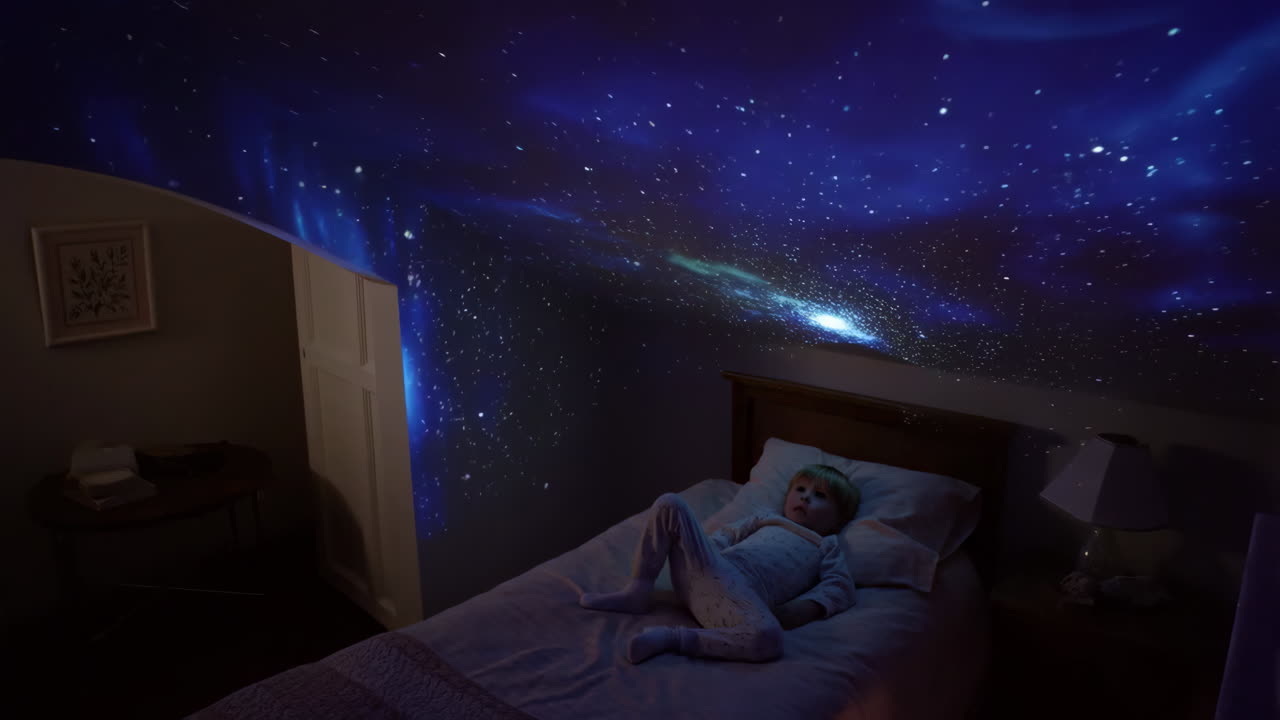 Child watching a starry sky projection in a bedroom