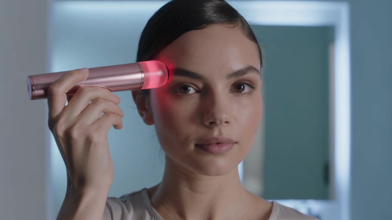 Red LED activating, woman holding tool, moving tip to right eye at backlit mirror, showing skincare