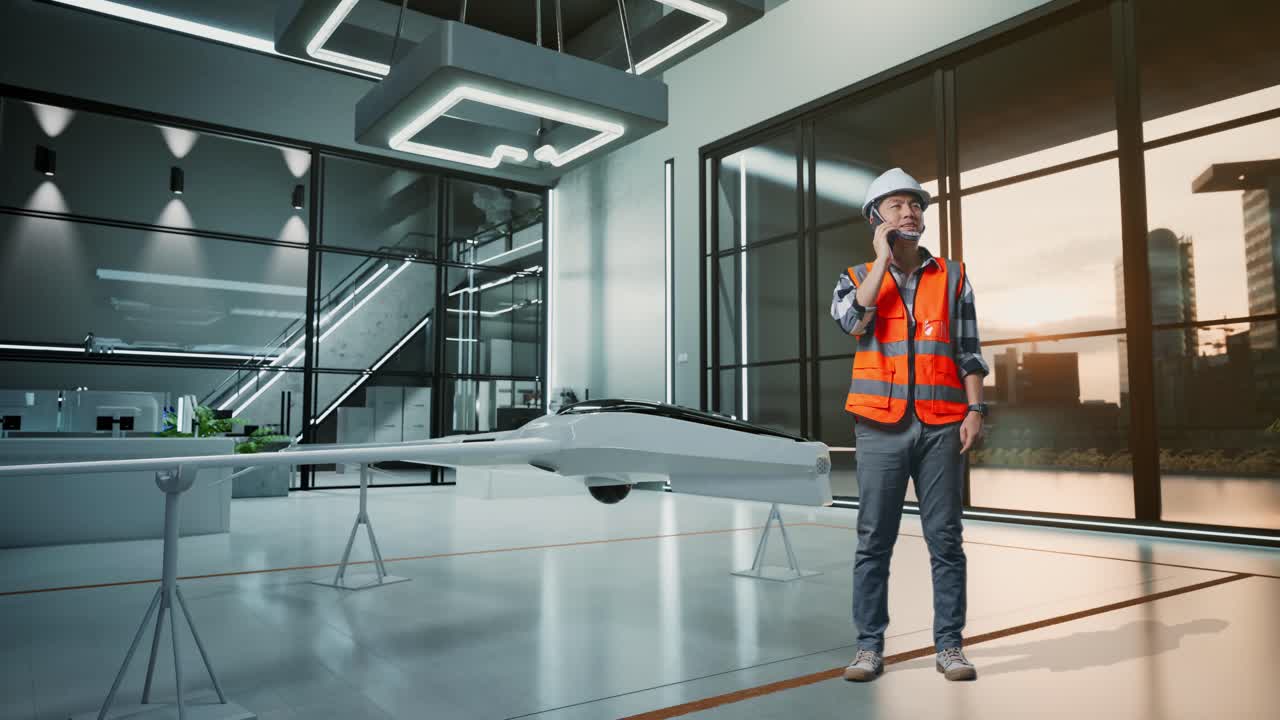 Ingegnere che parla al telefono in un ufficio moderno con un drone