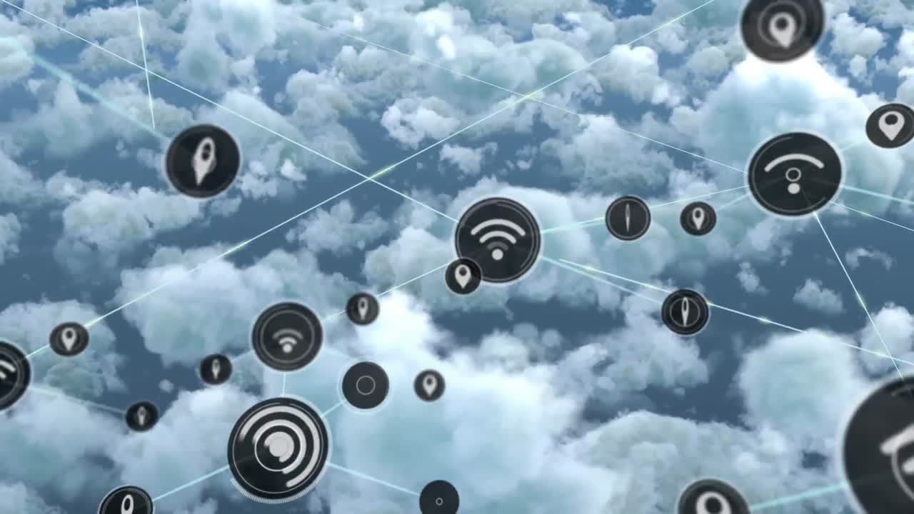 animación de la red de conexiones de iconos con wi-fi sobre nubes
