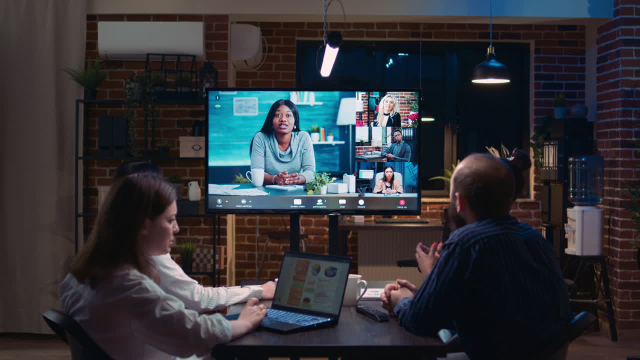 Business team online meeting, remote coworkers videocall discussion