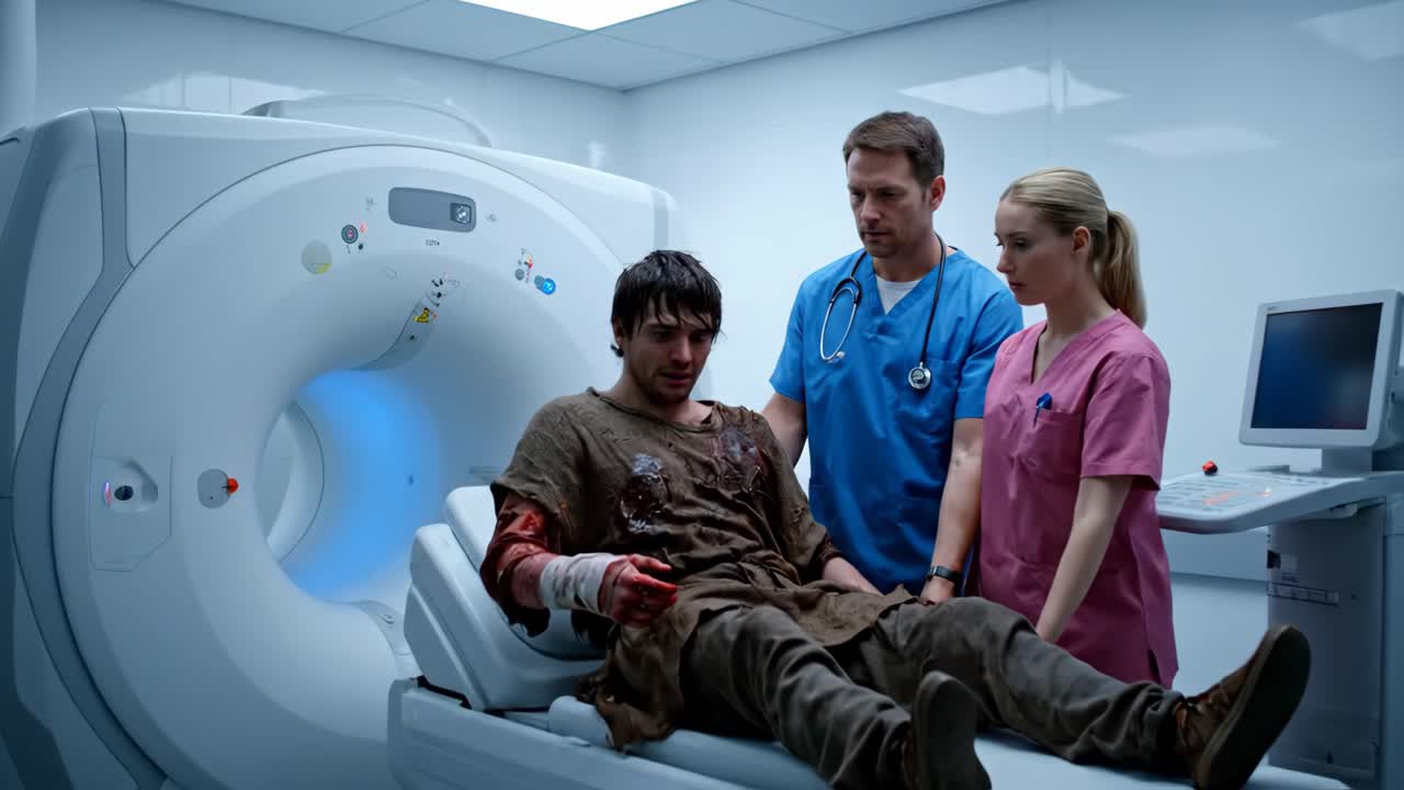 Man Undergoing CT Scan in Hospital with Medical Personnel