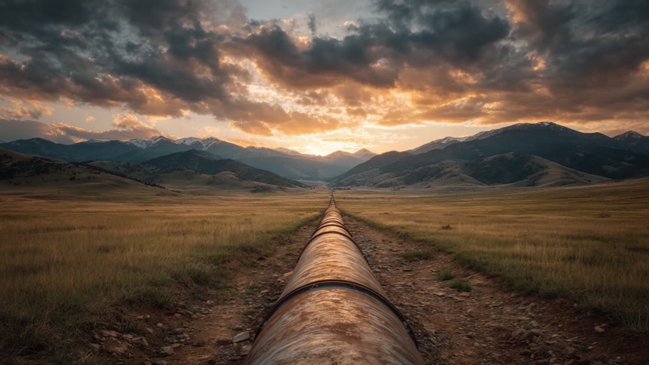 A Serene Sunset Over a Mountain Pipeline: Nature's Beauty and Industrial Infrastructure in Harmony, Capturing Majestic Landscapes and Tranquil Scenery