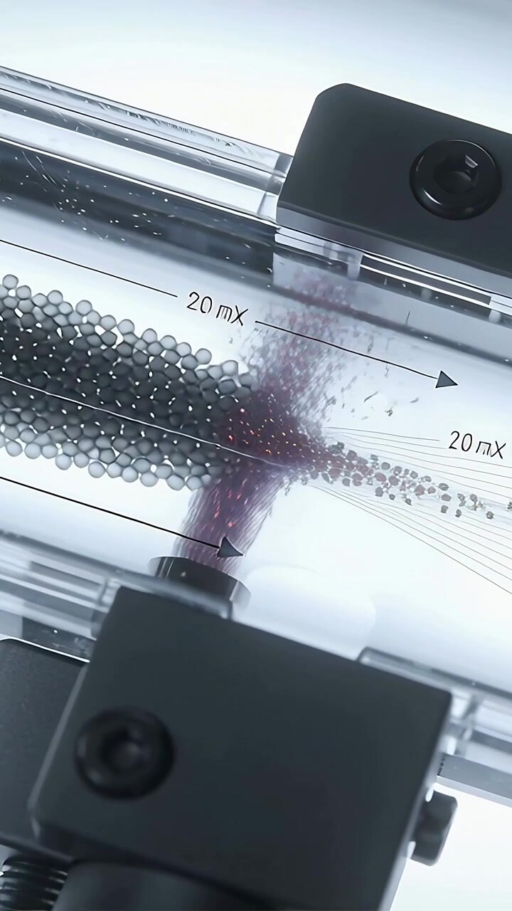 Vertical video: Ejecting T-inlet pushing purple stream into flow channel moving beads, creating mix