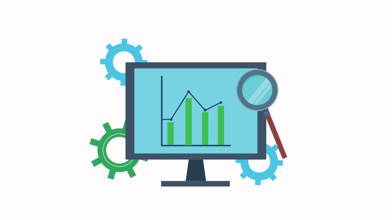 statistics in desktop computer with gears and magnifying glass