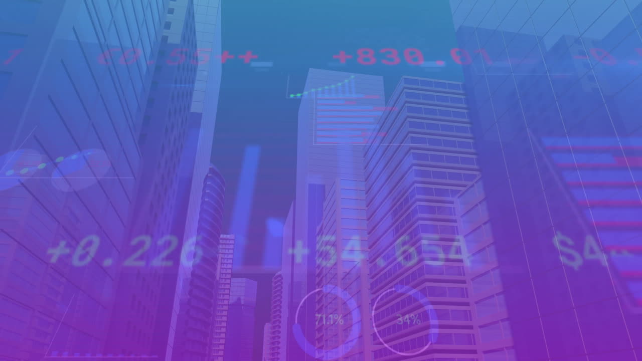 도시 풍경 위의 금융 데이터 처리 애니메이션
