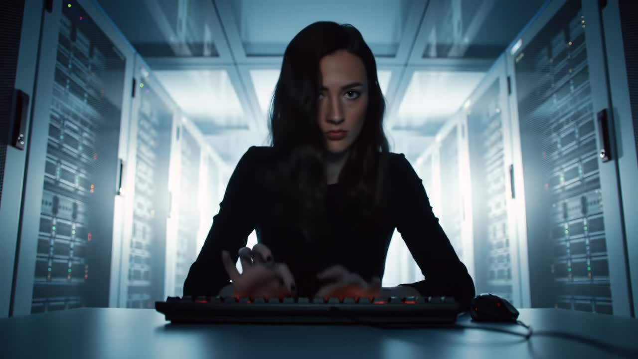 Focused Individual Engaged in Computer Work Surrounded by Rows of Data Servers in Dimly Lit Server Room with a Professional Attitude