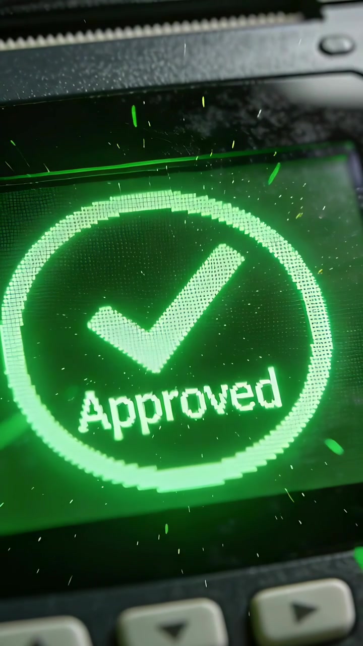Vertical video: Showing Approved check on green screen, shifting from cam pan and flare, confirming
