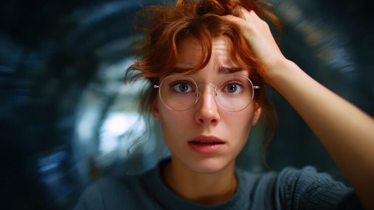 Una giovane donna con capelli ricci e vivaci e occhiali che esprime ansia e preoccupazione, con la mano sulla testa, colta in un momento di intensa emozione e agitazione