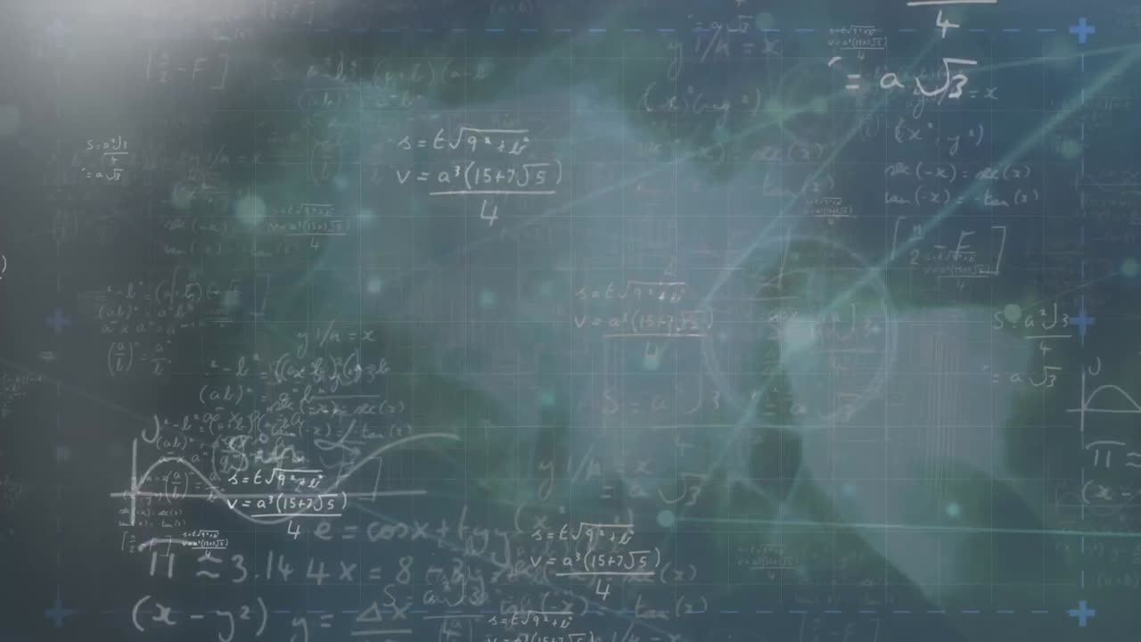 animación de la red de conexiones con puntos de luz y ecuaciones matemáticas sobre fondo negro.