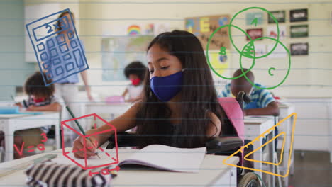 animación de elementos escolares iconos que se mueven sobre una escolar que lleva una máscara facial