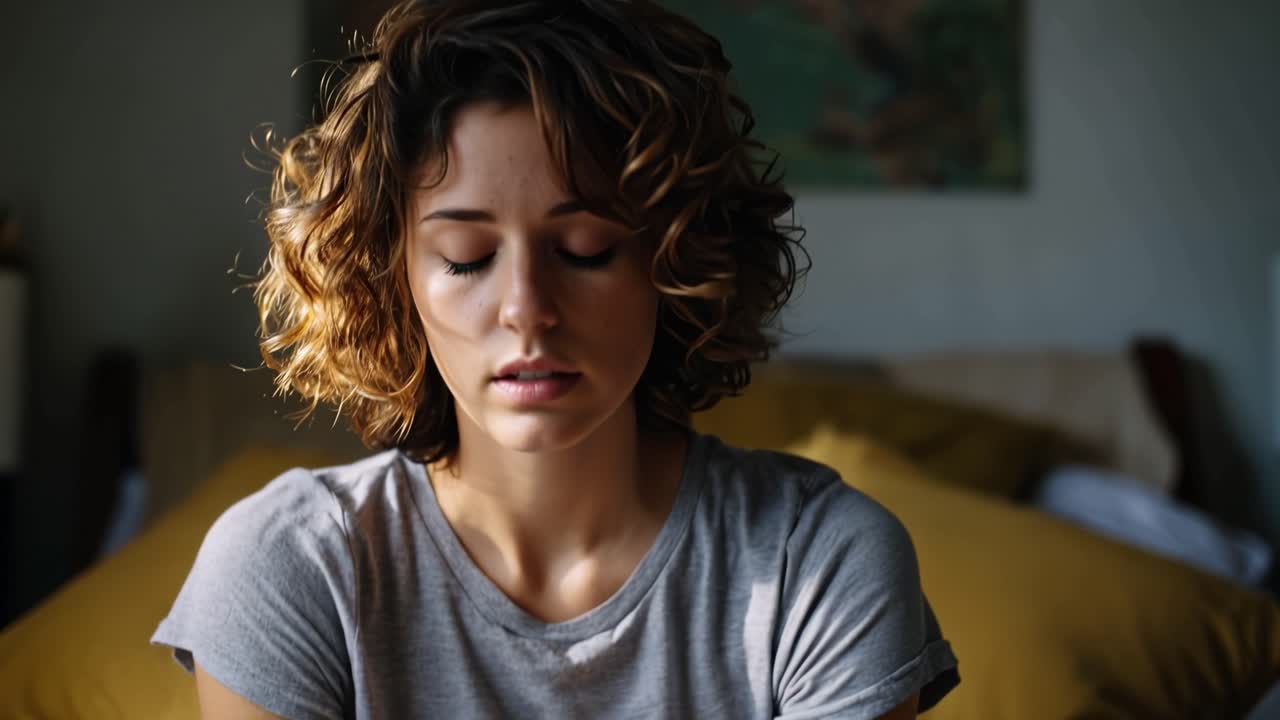 Woman rests hand on head, eyes lowered. Soft light highlights her weary expression. Her tousled hair frames a tired face. She sits on a bed, surrounded by muted tones. Quiet moment suggests stress