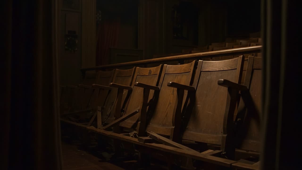 Dimly Lit Rows of Abandoned Wooden Theater Seats Captured in the Shadows, Evoking a Sense of Nostalgia and the Passage of Time Within an Empty Performance Space