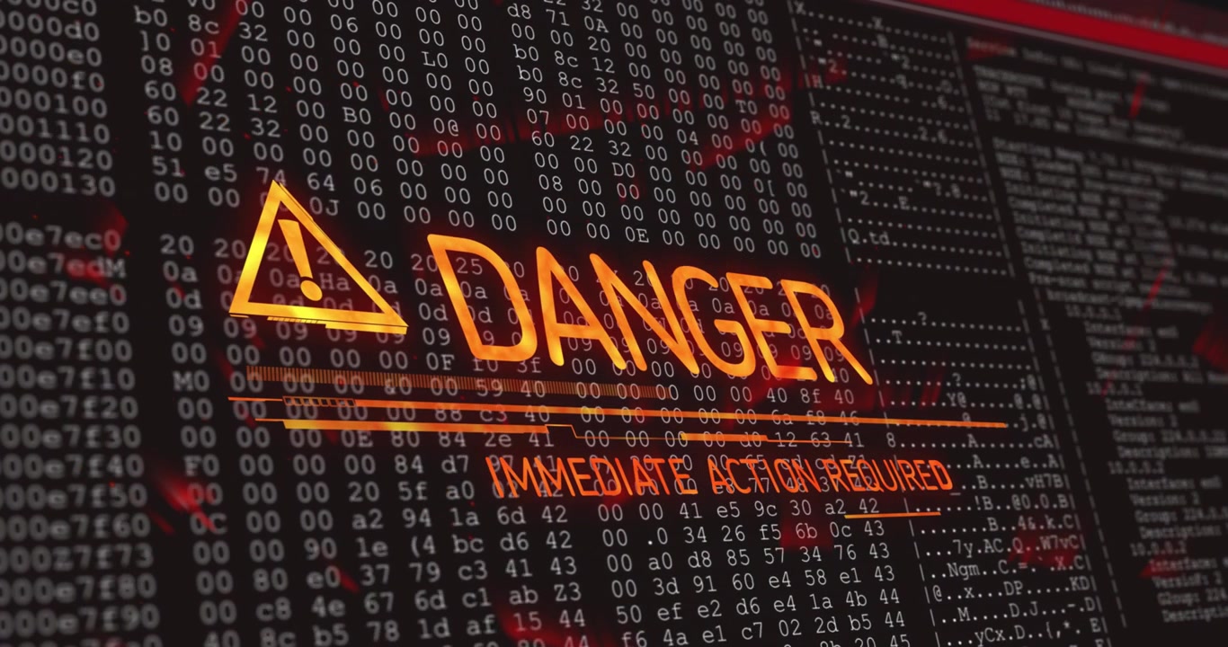 Warning triangle icon fading in and labels morphing into DANGER text zooming for urgent alert