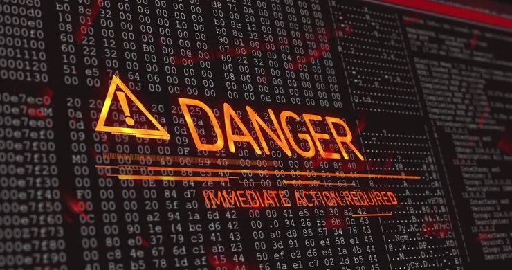 Warning triangle icon fading in and labels morphing into DANGER text zooming for urgent alert