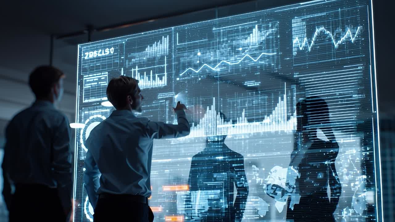 Business professionals analyzing data on a high-tech screen in office