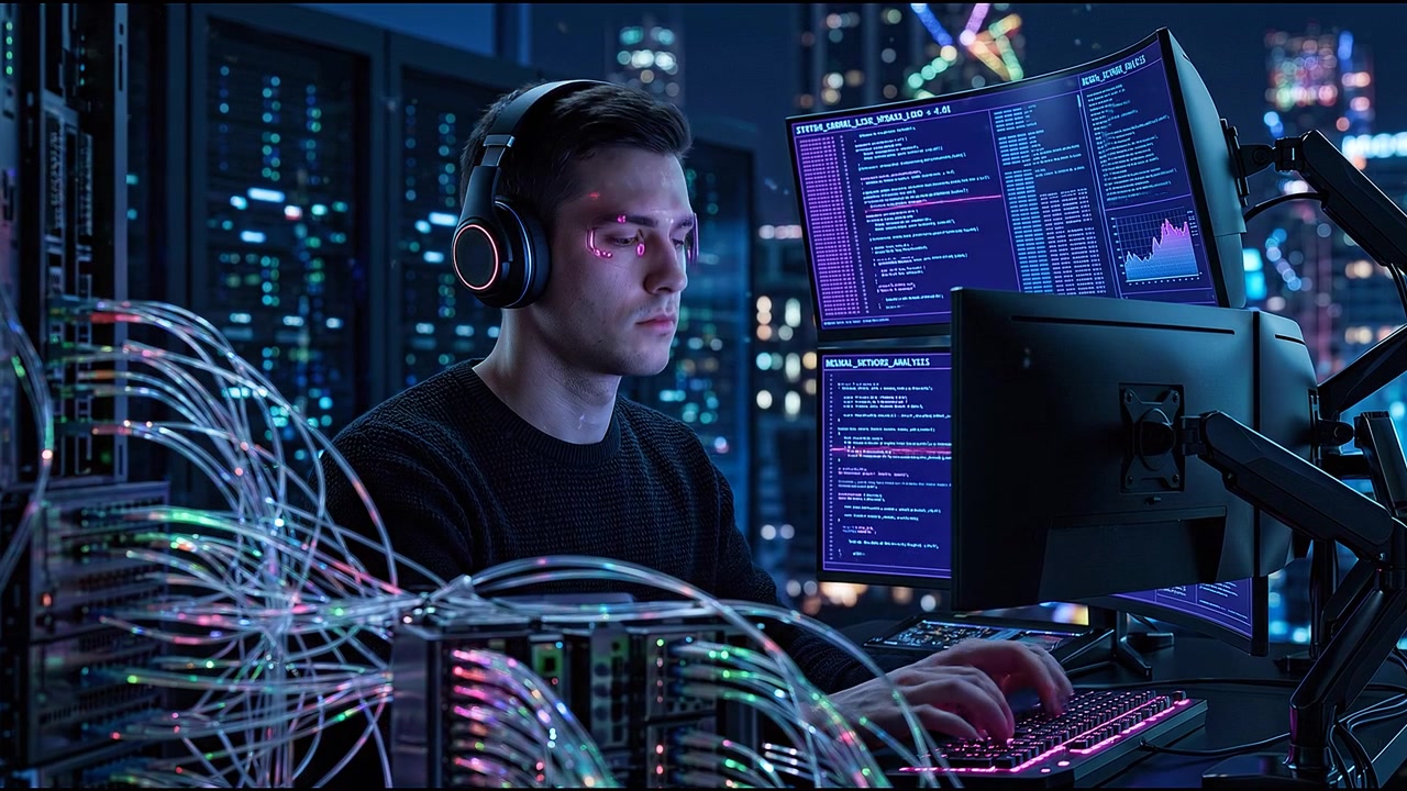 Programmatore che analizza codice su più monitor in un ambiente di lavoro tecnologico e buio.