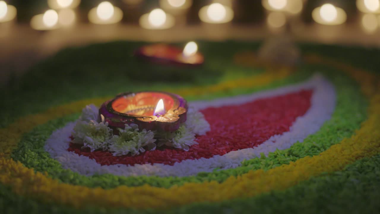Traditional diya lamps lit during diwali celebration